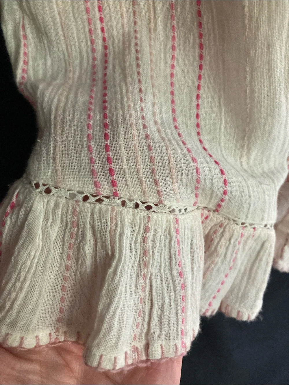 LoveShackFancy Cream & Pink Embroidered Striped Ruffle One Piece Romper NWT Sz 4